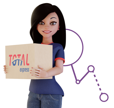 Ilustração da Eva, assistente virtual da Total Express, segurando uma caixa de papelão