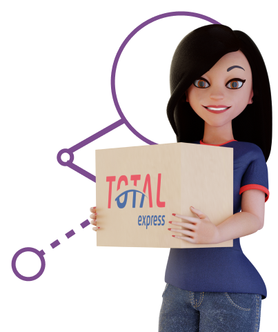 Ilustração da Eva, assistente virtual da Total Express, segurando uma caixa de papelão
